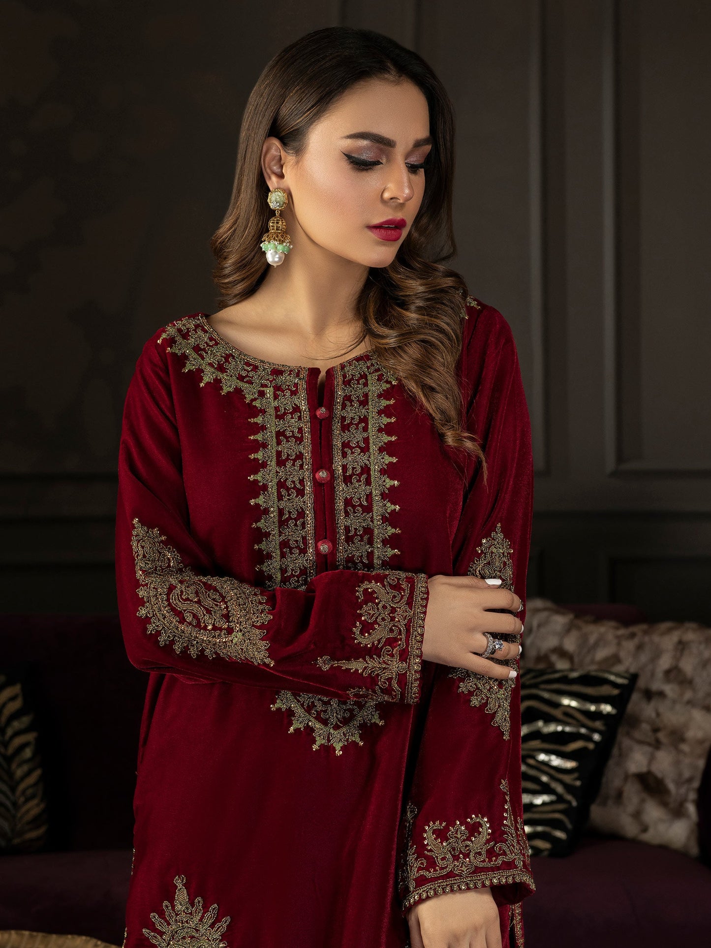 3 Piece Velvet Suit-Embroidered (Unstitched)