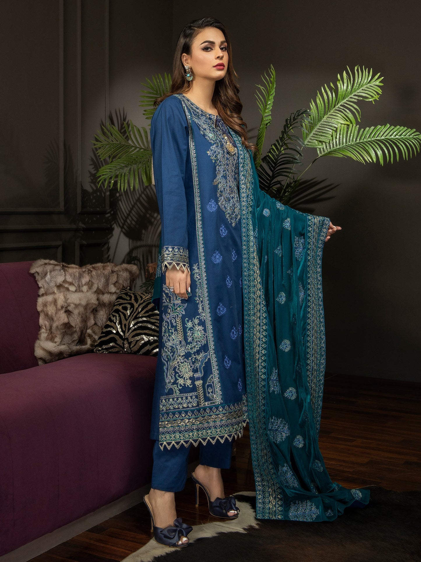 3 Piece Satin Suit-Embroidered(Unstitched)