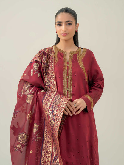 3 Piece Raw Silk Suit-Embroidered (Pret)