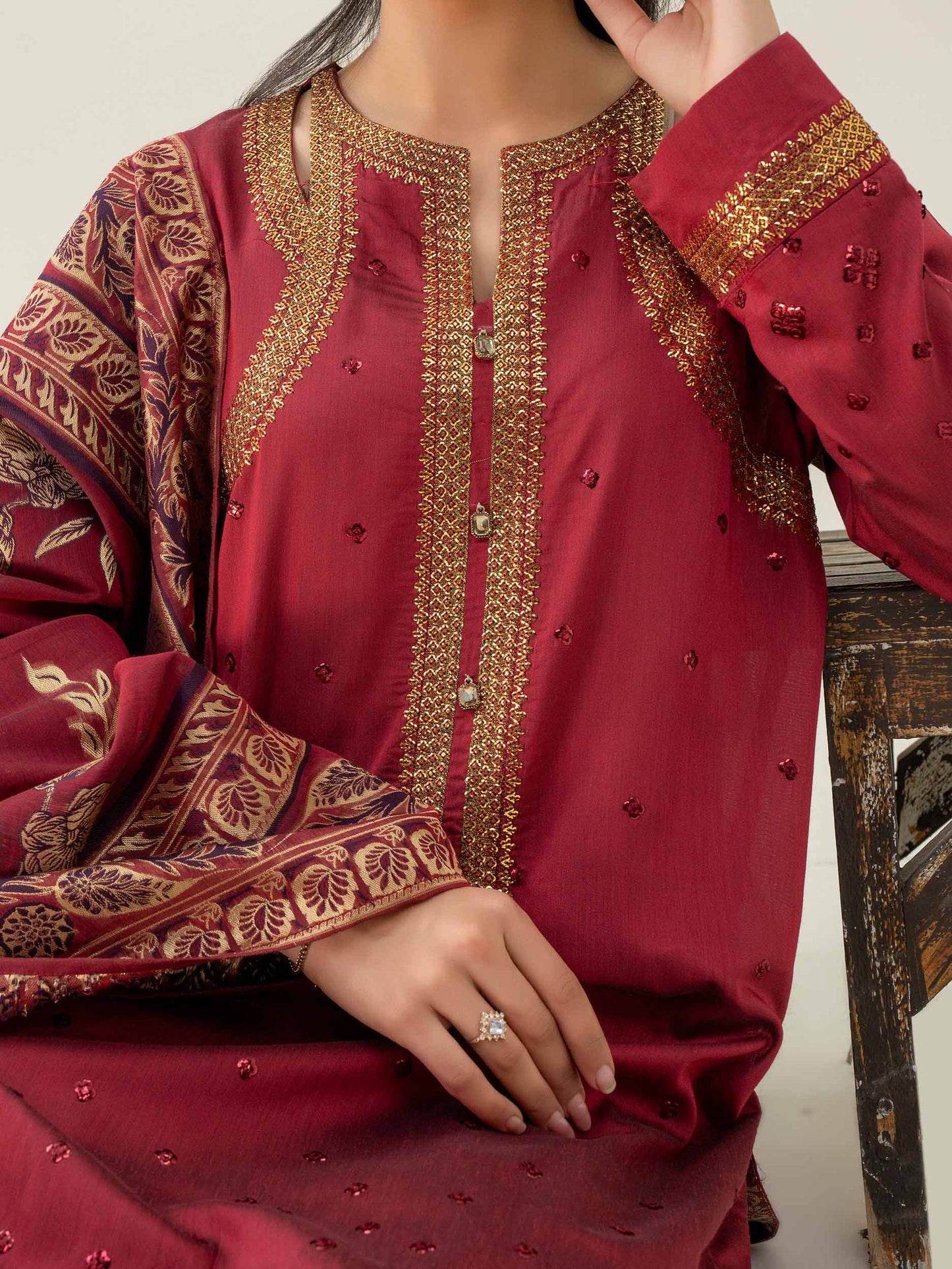 3 Piece Raw Silk Suit-Embroidered (Pret)