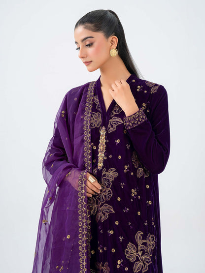 3 Piece Velvet Suit-Embroidered (Pret)