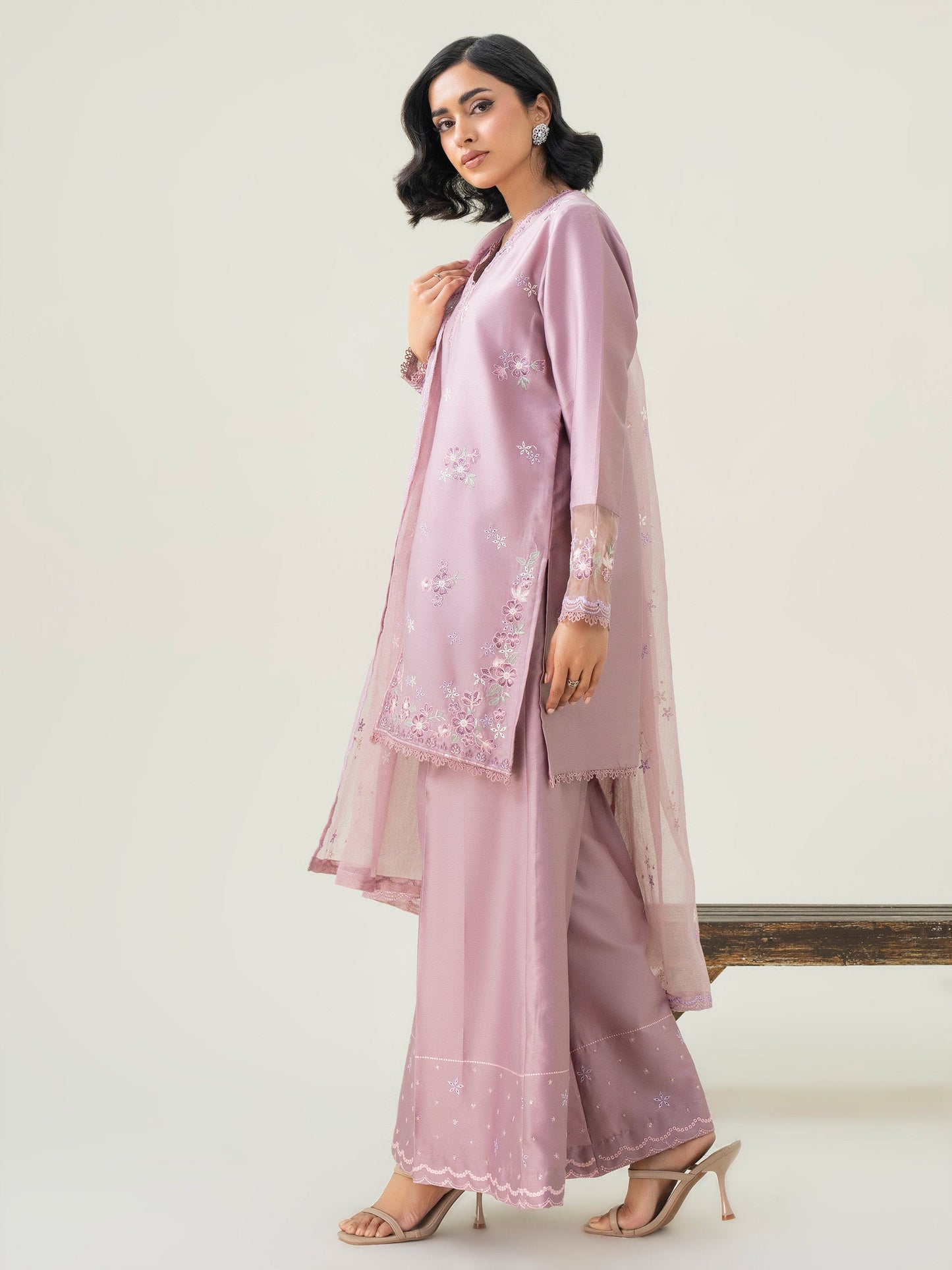 3 Piece Satin Suit-Embroidered (Pret)