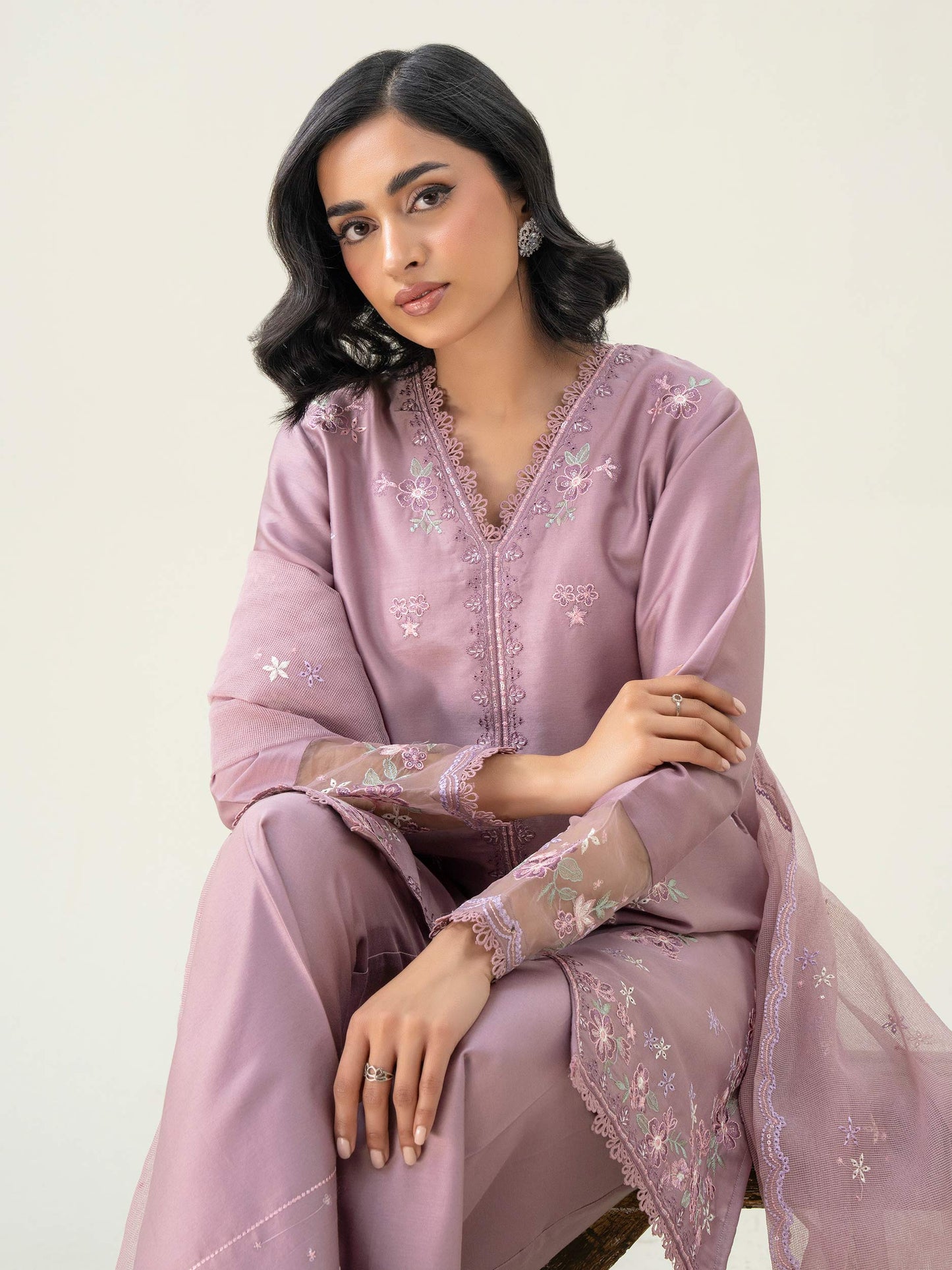 3 Piece Satin Suit-Embroidered (Pret)