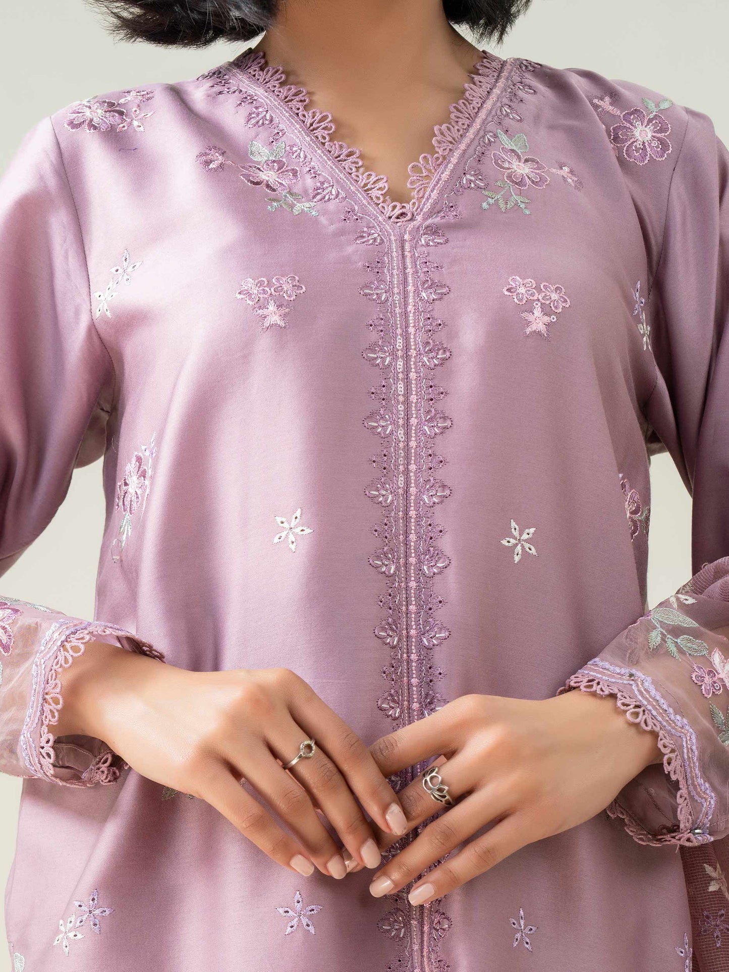 3 Piece Satin Suit-Embroidered (Pret)