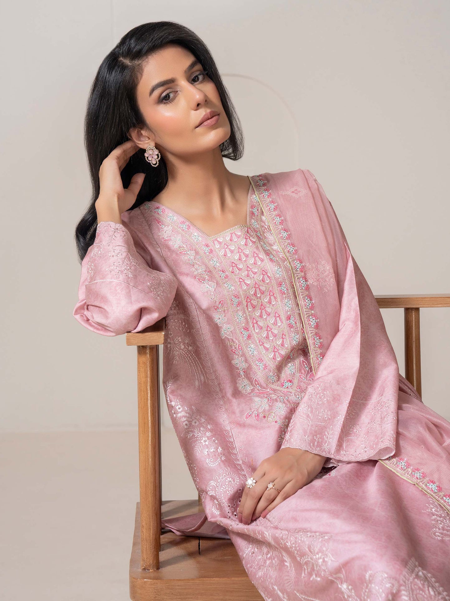 3 Piece Satin Suit-Embroidered (Pret)
