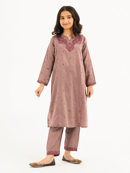 2 Piece Raw Silk Suit-Embroidered (Pret)
