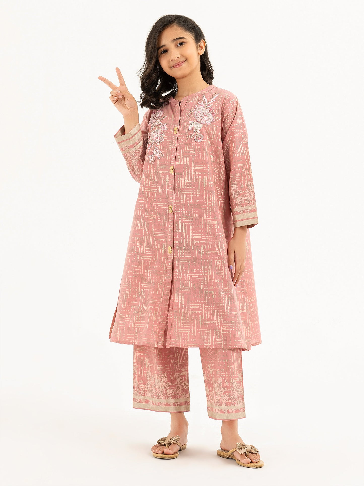 2 Piece Cambric Suit-Gold Paste Print (Pret)