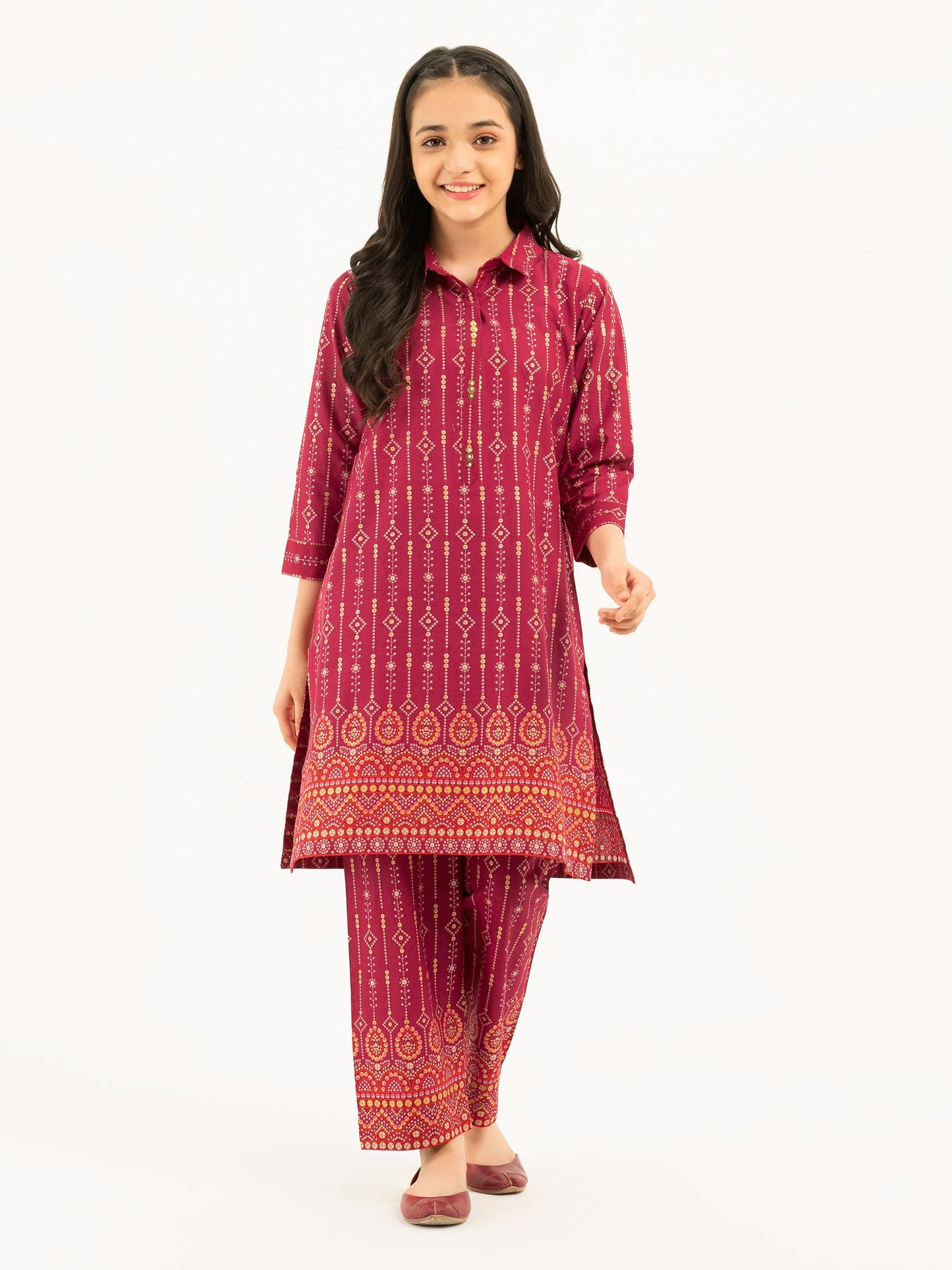 2 Piece Cambric Suit-Gold Paste Print (Pret)
