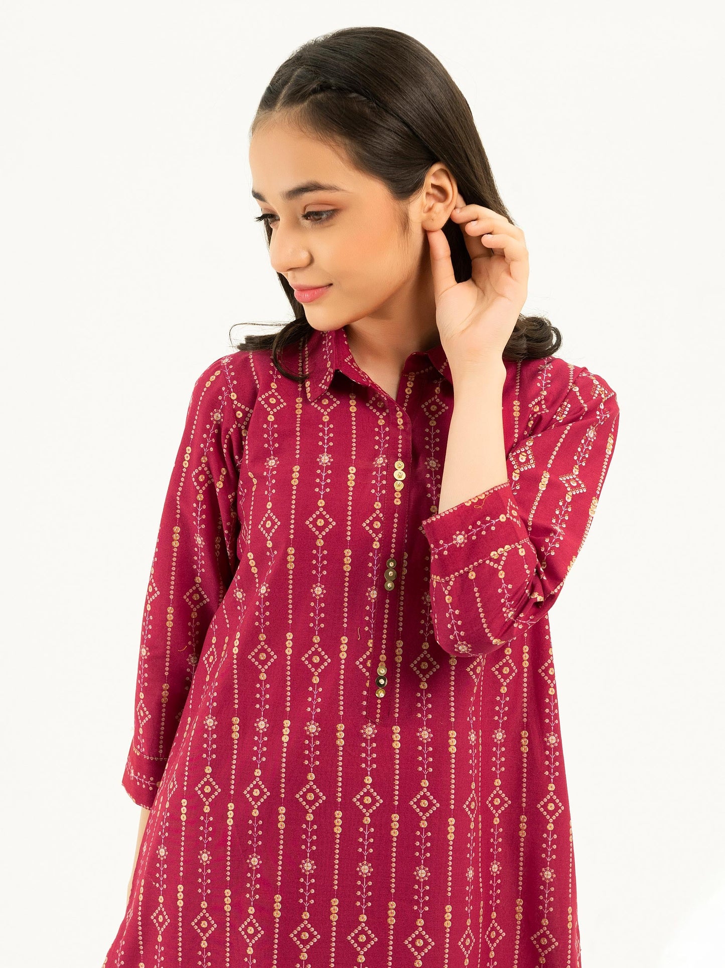 2 Piece Cambric Suit-Gold Paste Print (Pret)