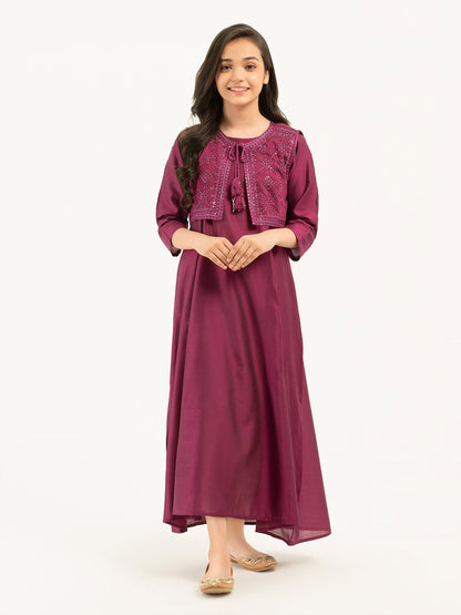 2 Piece Raw Silk Suit with Bolero-Embroidered (Pret)