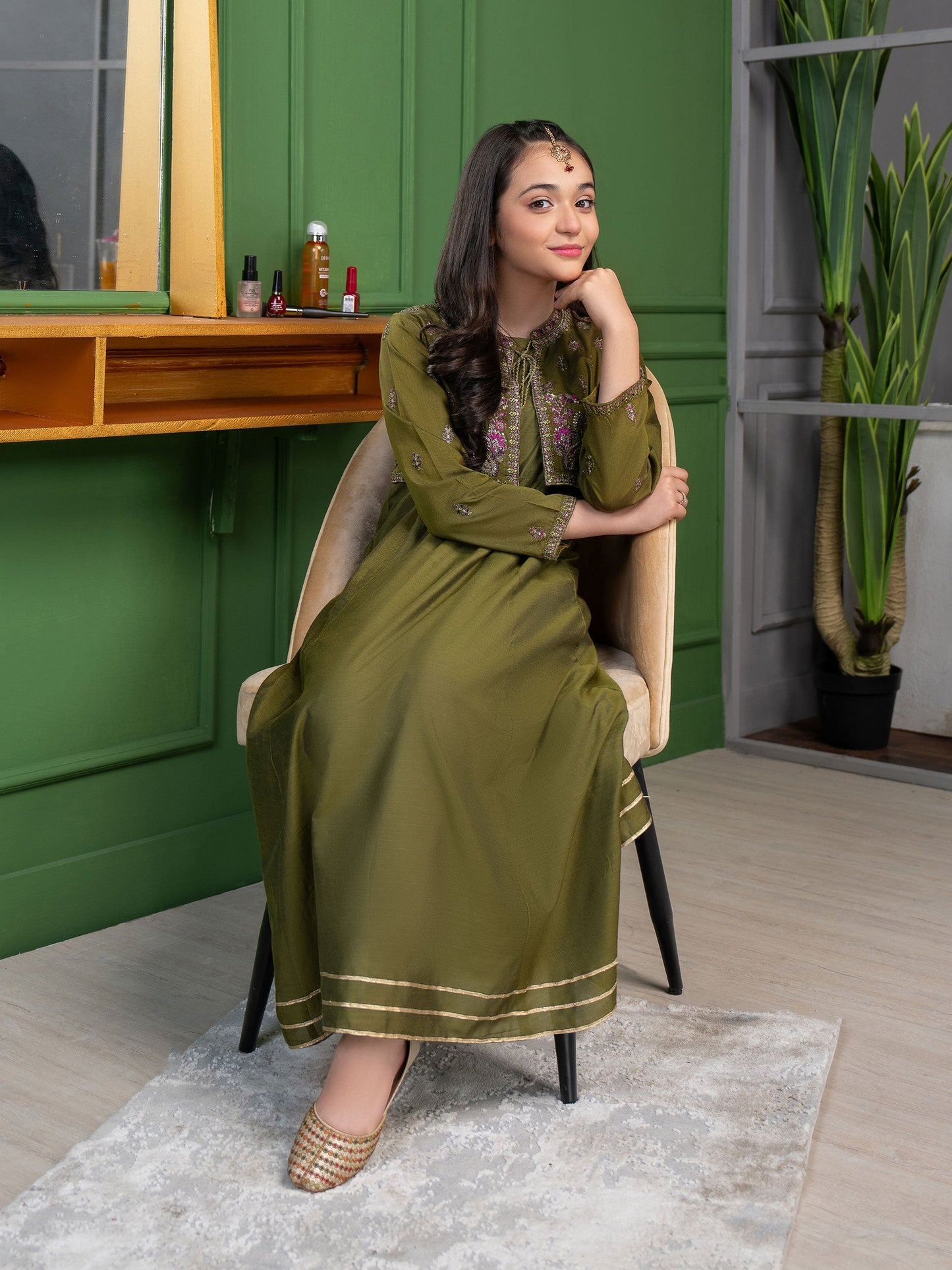 Raw Silk Frock With Bolero-Embroidered