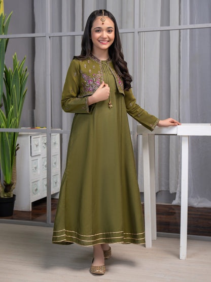 Raw Silk Frock With Bolero-Embroidered