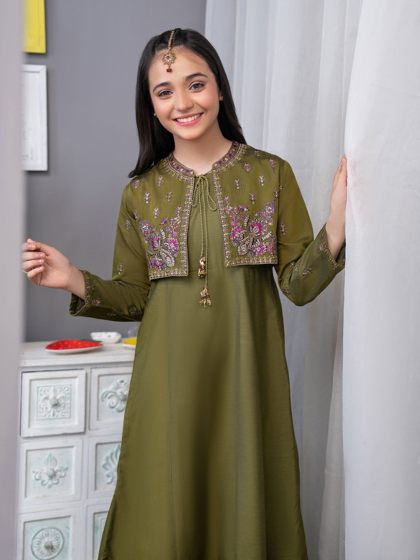 Raw Silk Frock With Bolero-Embroidered
