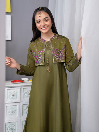 Raw Silk Frock With Bolero-Embroidered