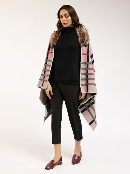 Faux Fur Check Poncho
