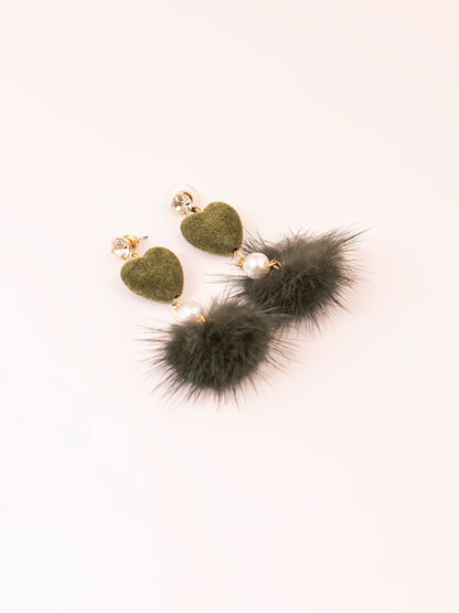 Heart Pompom Drop Earrings