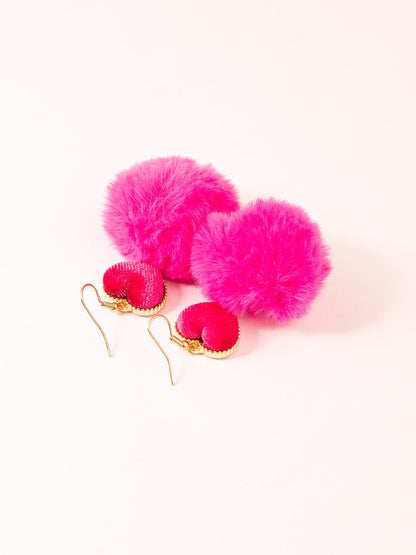 Heart Pompom Drop Earrings