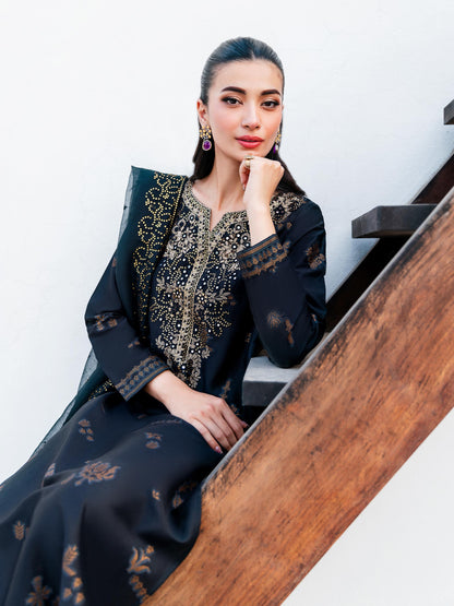 3 Piece Satin Suit-Embroidered (Unstitched)