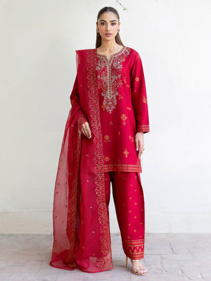 3 Piece Satin Suit-Embroidered (Unstitched)