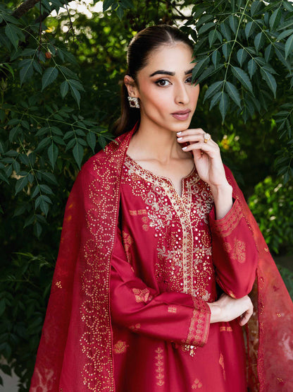 3 Piece Satin Suit-Embroidered (Unstitched)